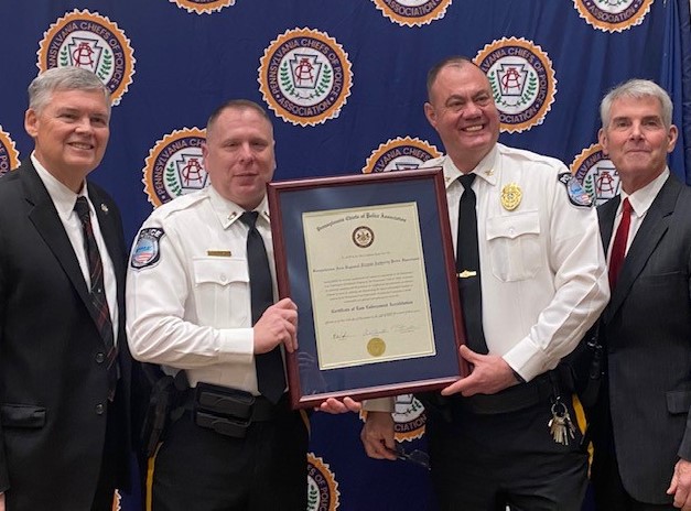 Pictured (L–R): Lee Bemson (PLEAC Commission Chairman), Canonsburg Mayor David H. Rhome, Lt. Jon Greenawalt (Harrisburg International Airport Police Department), Chief Stephen Kiessling (Harrisburg International Airport Police Department), and Scott Bohn (Executive Director of the Pennsylvania Chiefs of Police Association)